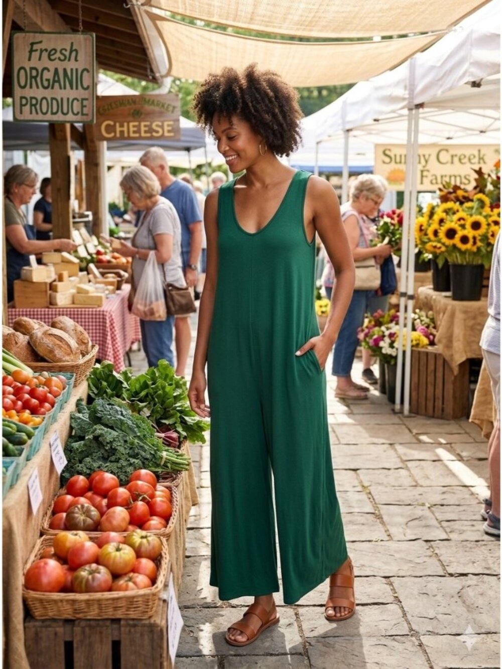 V-Neck Wide Leg Jumpsuit Emerald Green Size 2X Summer Coastal Boho Minimalist